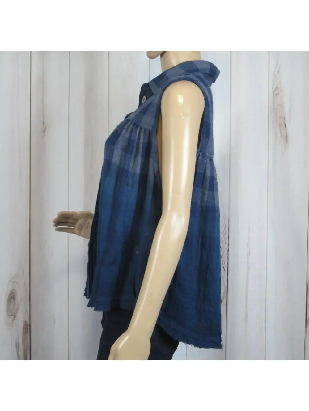NWT Free People Blue Plaid Tank Top Small Ombre Gingham Sleeveless Button Blouse